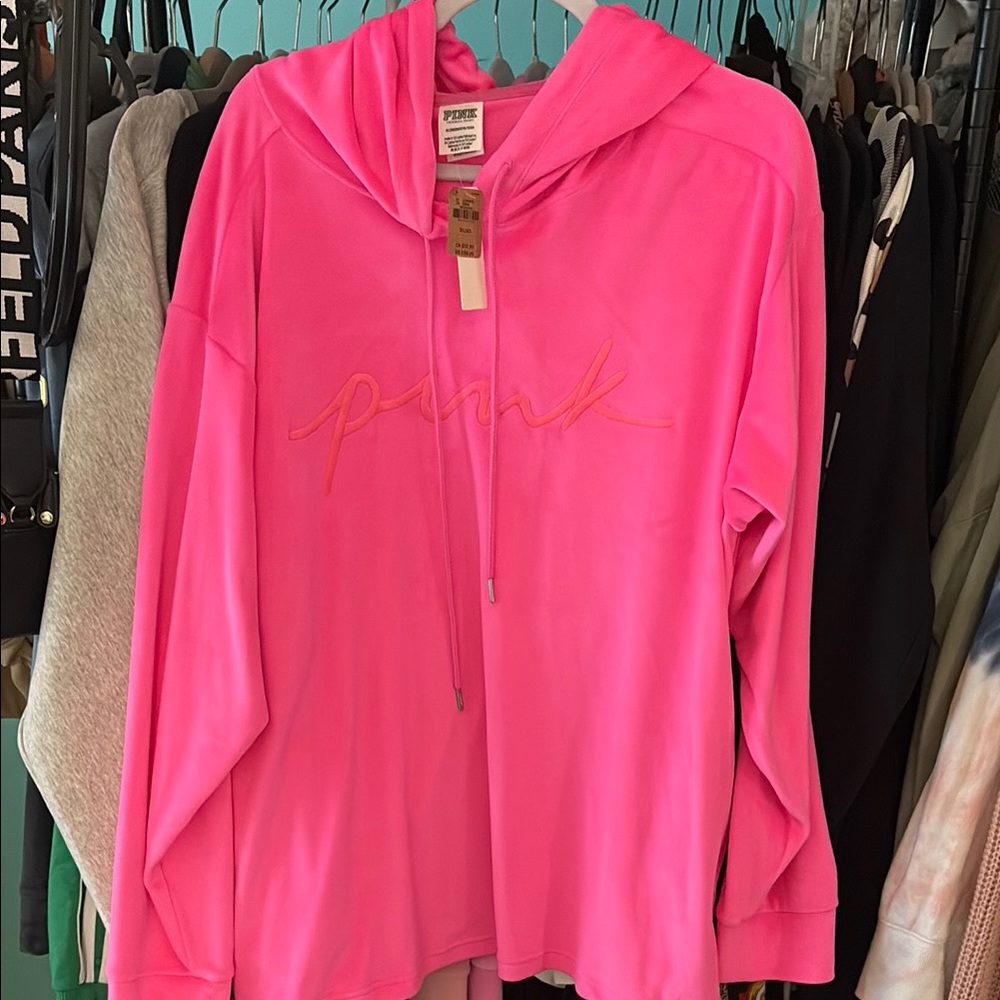 Pink velour Hoodie with Embroidered Logo